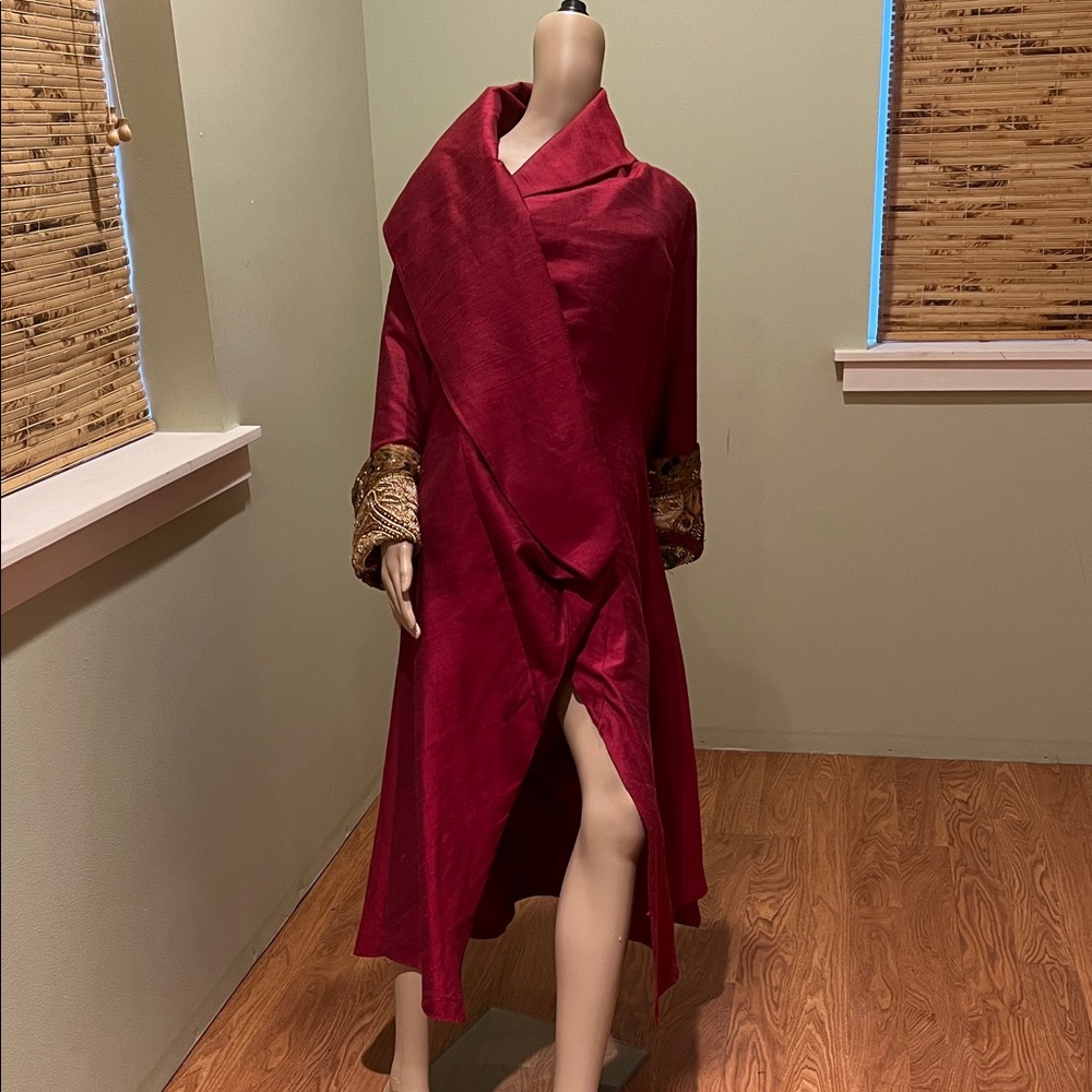 Silk Burgundy Kimono Elegant with Gold Beaded sleeve Cuffs